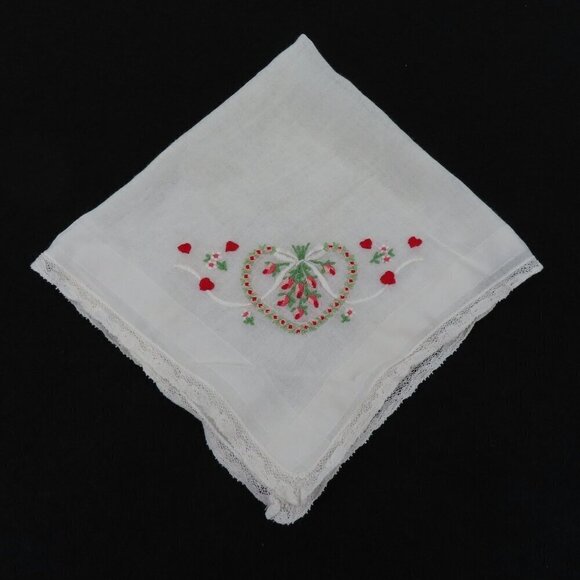 VTG Handmade Embroidered Hearts Rose Flowers Floral Heart Handkerchief Hankie - Picture 7 of 8